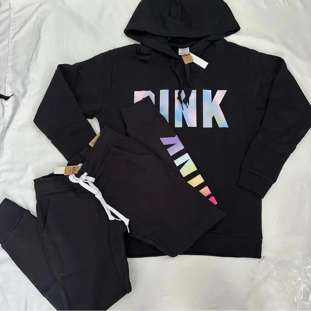 Victoria's Secret PINK Black Hoodie & Joggers with Iridescent Rainbow Logo